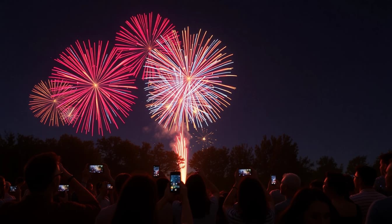 People enjoying a stunning fireworks for sale display under a starry sky.