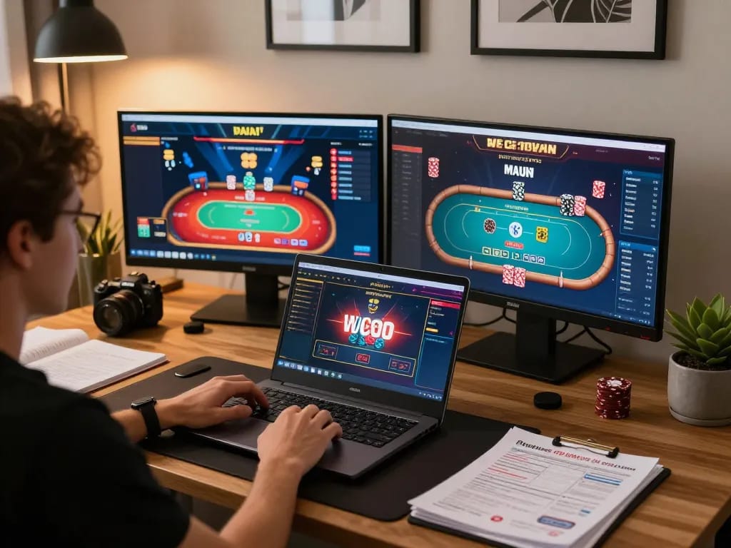 Playing poker online at 99OK with a strategic setup in a cozy home office
