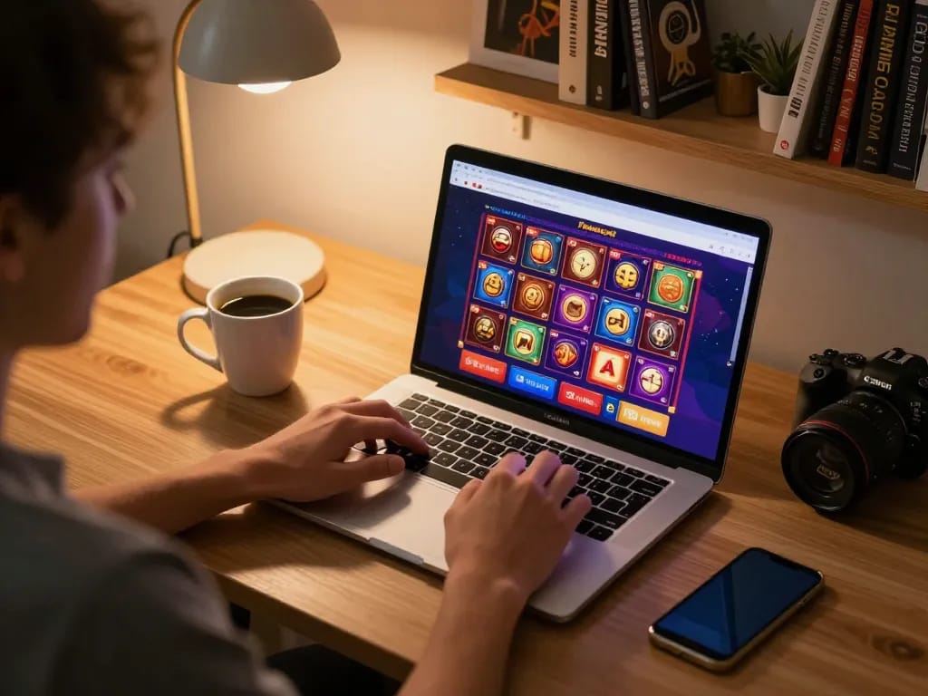 Engaging player experiences Fabet casino games on a laptop at home, illustrating online gaming dynamics.