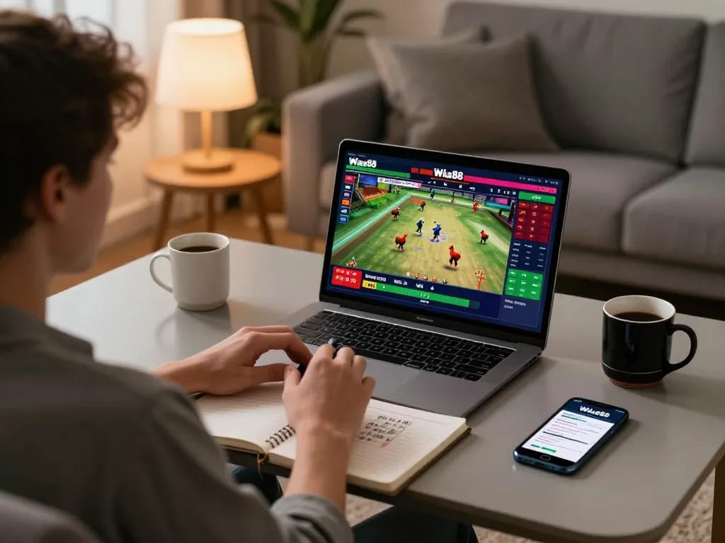 Player engaging in online betting at Trang chủ wala88 using a laptop in a cozy setting, illustrating strategic gameplay.