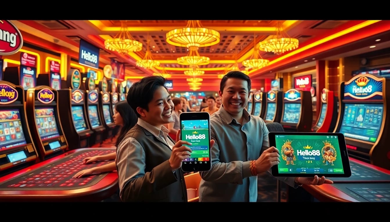 Hello88win.live offers an exciting online gambling experience, showcasing players enjoying vibrant casino games and sports betting.