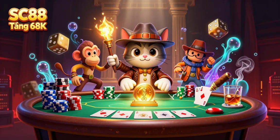 Engage with SC88 Tặng 68K as the explorer cat reveals golden casino treasures in a vibrant scene