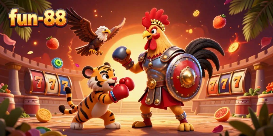 Spin the reels of fun-88 with a dynamic 3D casino scene featuring lively game elements and a spirited atmosphere.