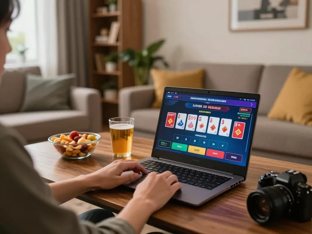 Enjoying an exciting online baccarat game on fly88 with vibrant home setup and cozy atmosphere.