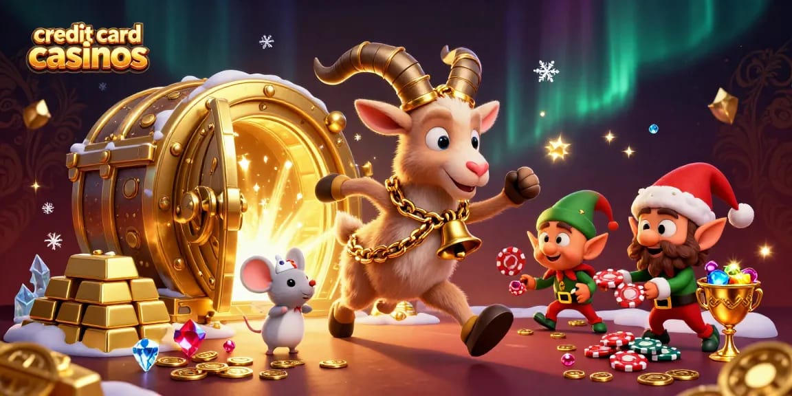 Experience the thrill at credit card casinos with a festive Krampus, angel mouse, and mischievous elves.