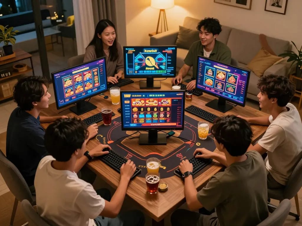 Enhancing gameplay experience on kuwinfi, friends engaged in online casino action at home.
