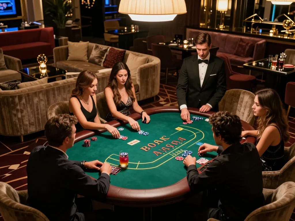 Cập nhật chương trình VIP Club KO66 with players strategizing at an upscale casino poker table in a luxurious VIP lounge.