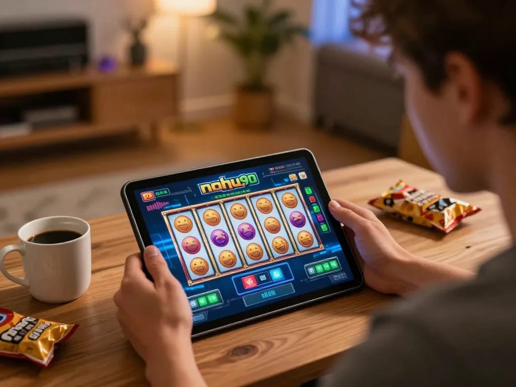 Player enjoying nohu90 on tablet, surrounded by gaming snacks and warm home ambiance