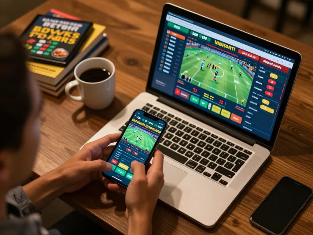 8kbet user engaging with live sports betting interface on a smartphone and laptop, immersed in action.