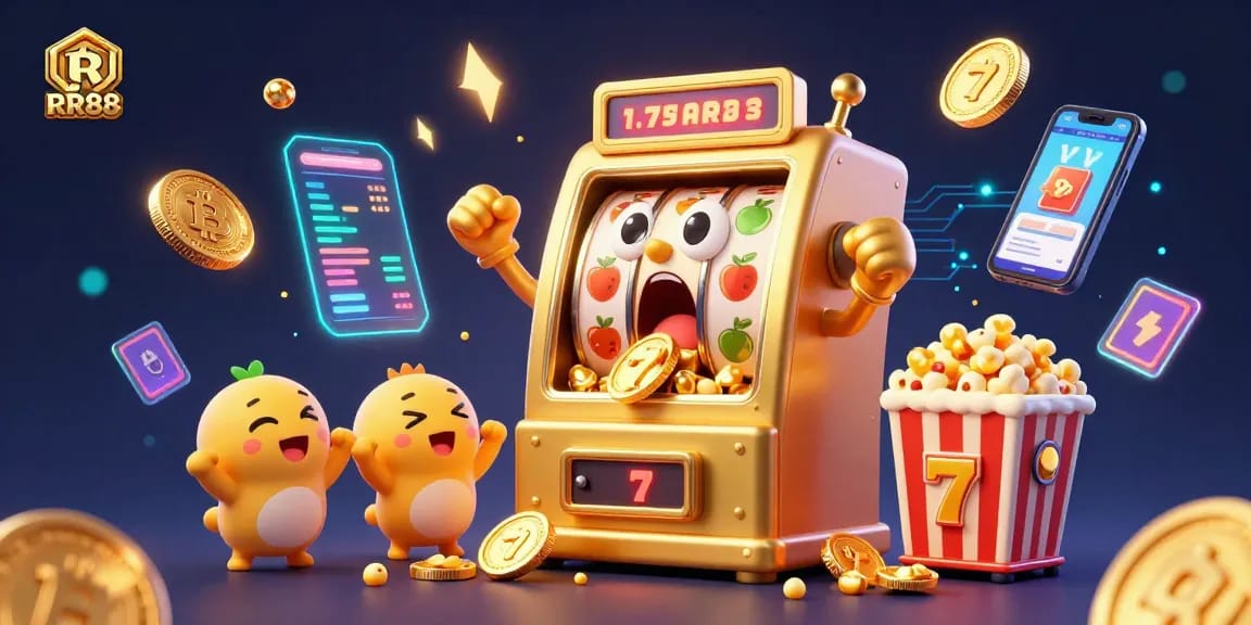 Experience the excitement at RR88 with a cheerful slot machine enjoying a jackpot moment, surrounded by vibrant game elements.