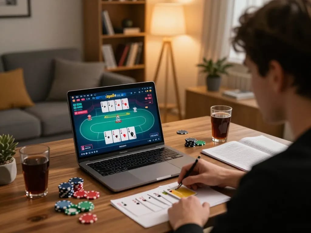 Engaging online poker gameplay at home showcasing jaya9.co.uk in a cozy setting with strategic notes