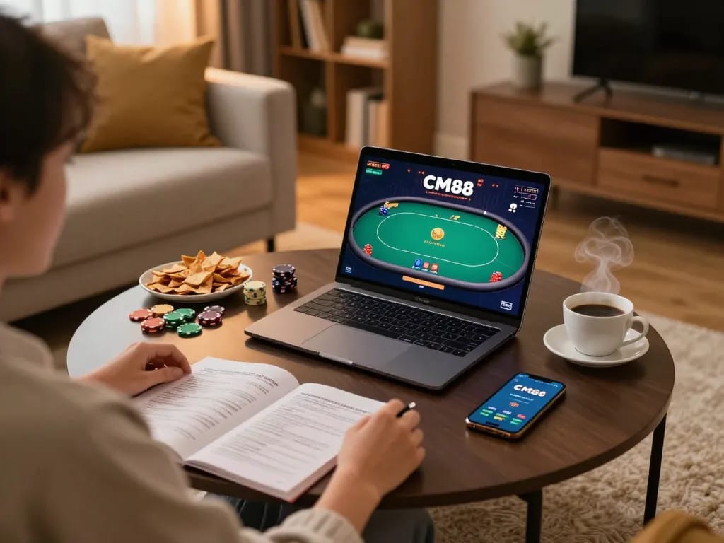 Player enjoying CM88 poker game on a laptop, highlighting modern home gaming setup.