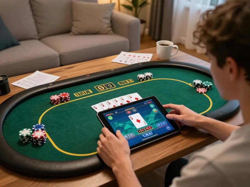 Player engages in thrilling vmax online poker gameplay on tablet in cozy living room.