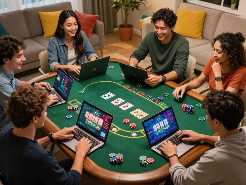 SIN88 players strategizing during an intense online blackjack session at home.