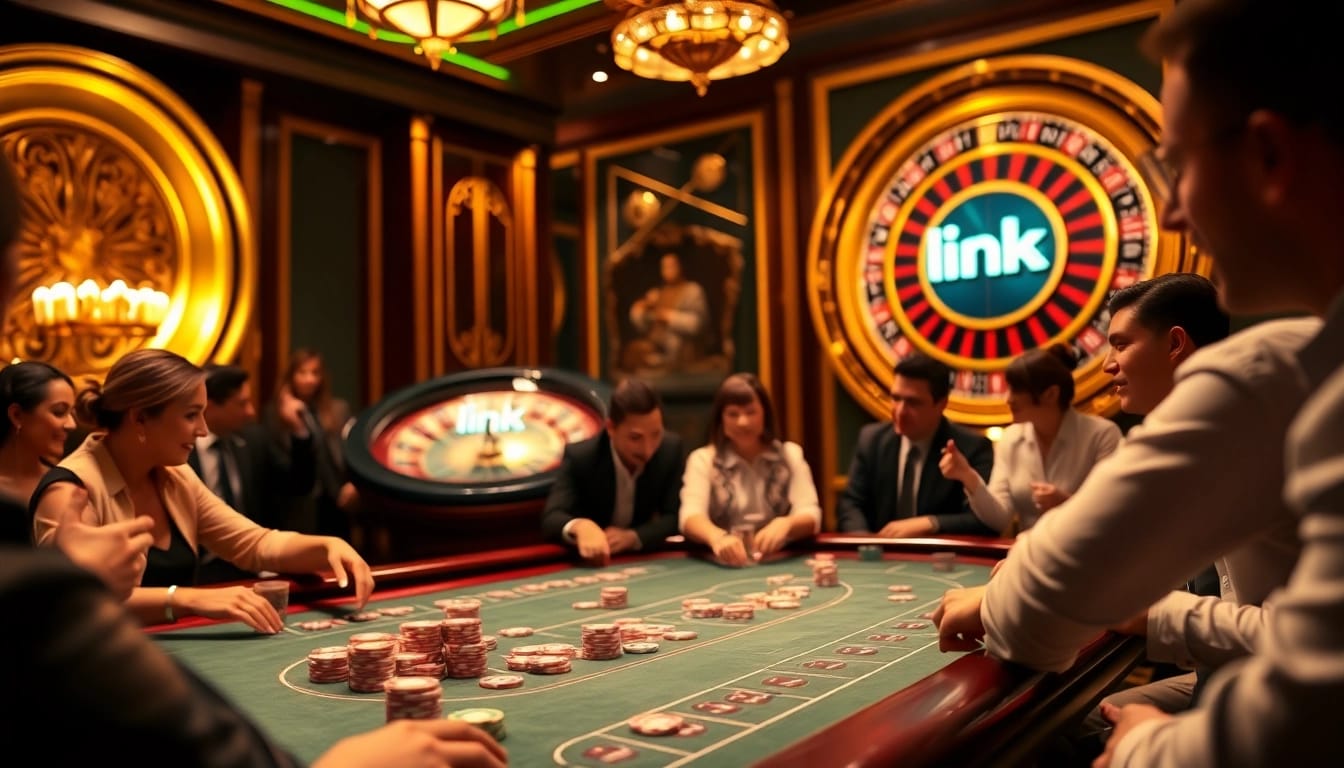 Exciting casino atmosphere with poker players and a roulette wheel featuring link S8.