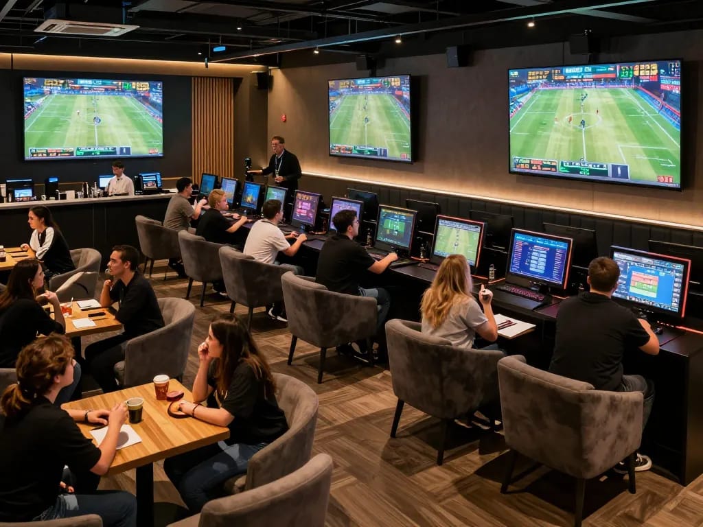 Excited patrons placing bets on esports at the TR88 sports betting lounge with dynamic screens