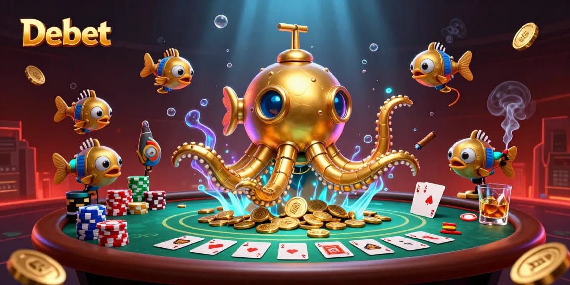 Engage in thrilling gameplay at Debet with a vibrant casino scene featuring poker elements and a dazzling golden kraken.