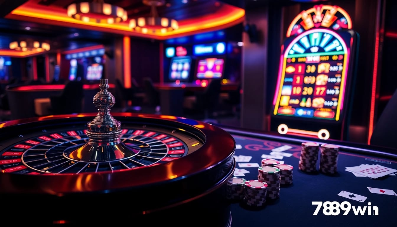 Gambling excitement at 789win with a roulette table and vibrant slot machines.