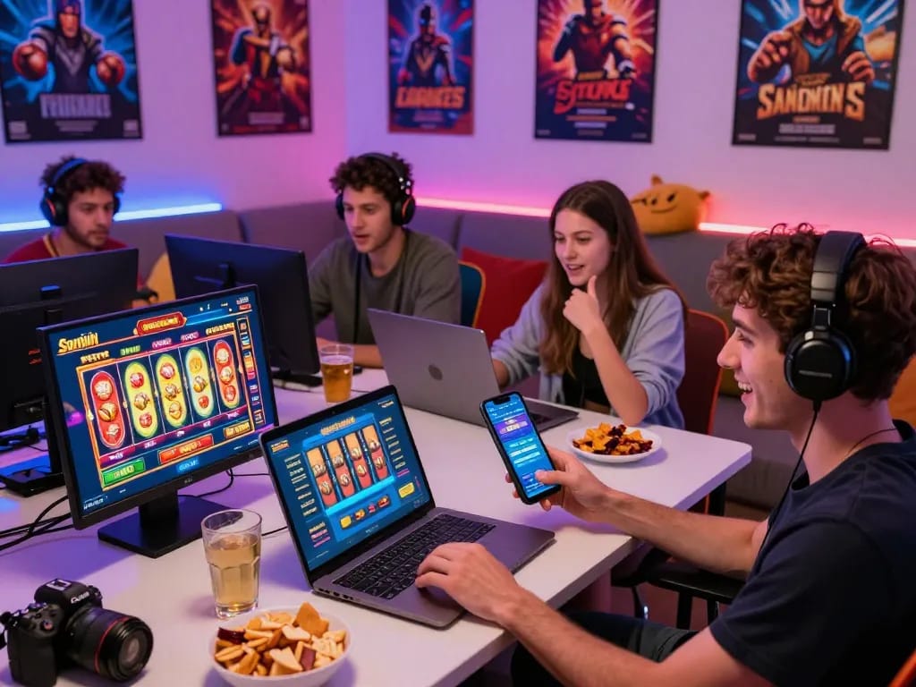 Engaged gamers at https://sunwin7979.com/ enjoying a vibrant online gaming experience with snacks and modern setup.