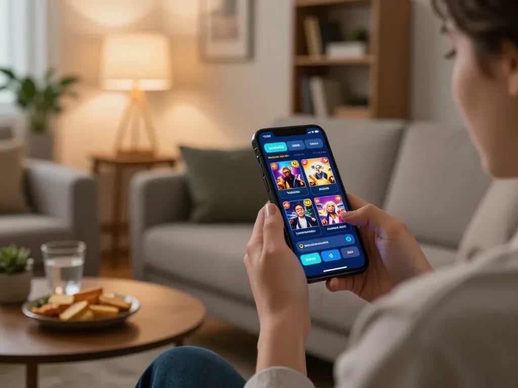 Engaging with Nhà cái Luck8 mobile app for online casino gaming on a cozy sofa.