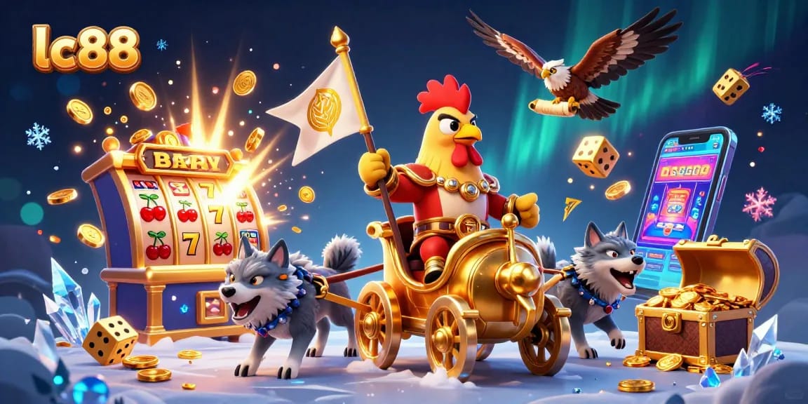 Experience thrilling gameplay at lc88 with a 3D rooster warlord and vibrant casino elements.