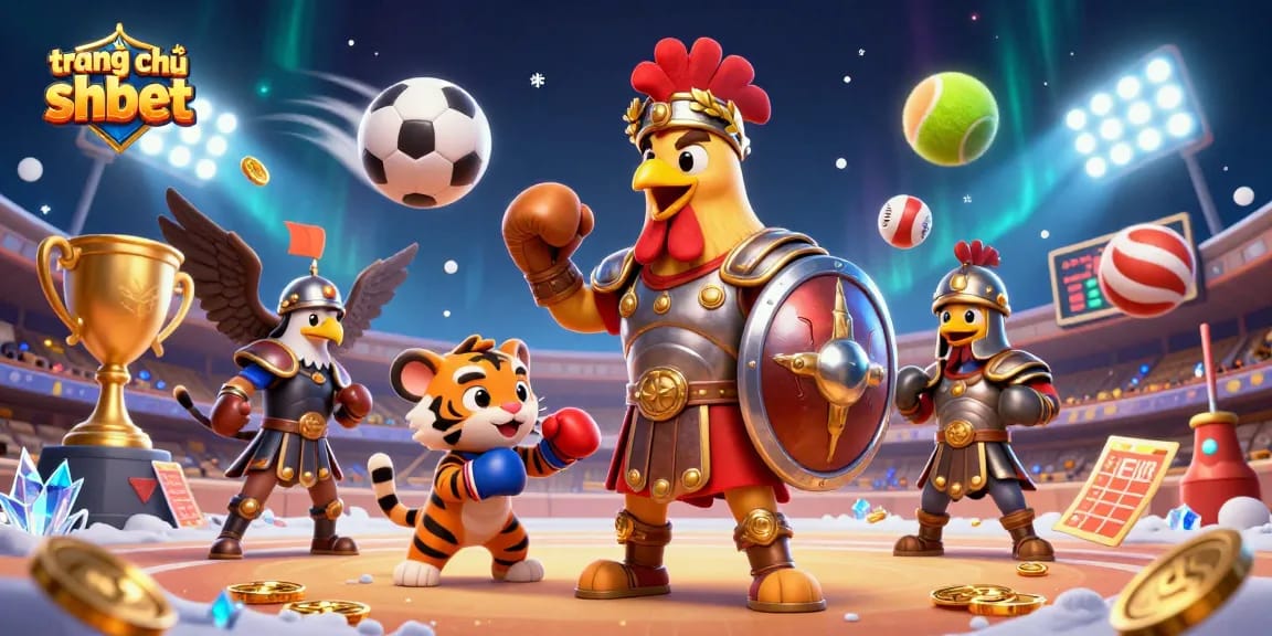 Engage with the vibrant action on trang chủ shbet featuring a cartoon gladiator rooster in a dynamic gambling scene.