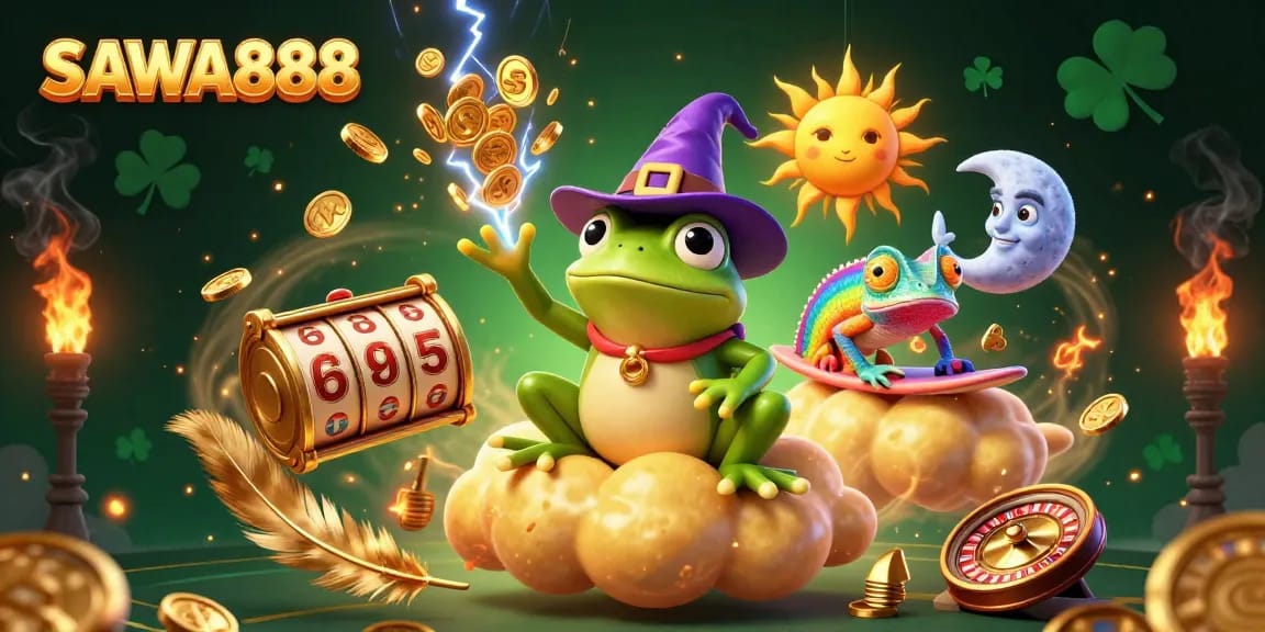 Experience the thrill of SAWA888 with golden coins and exciting gambling elements in this vibrant scene.