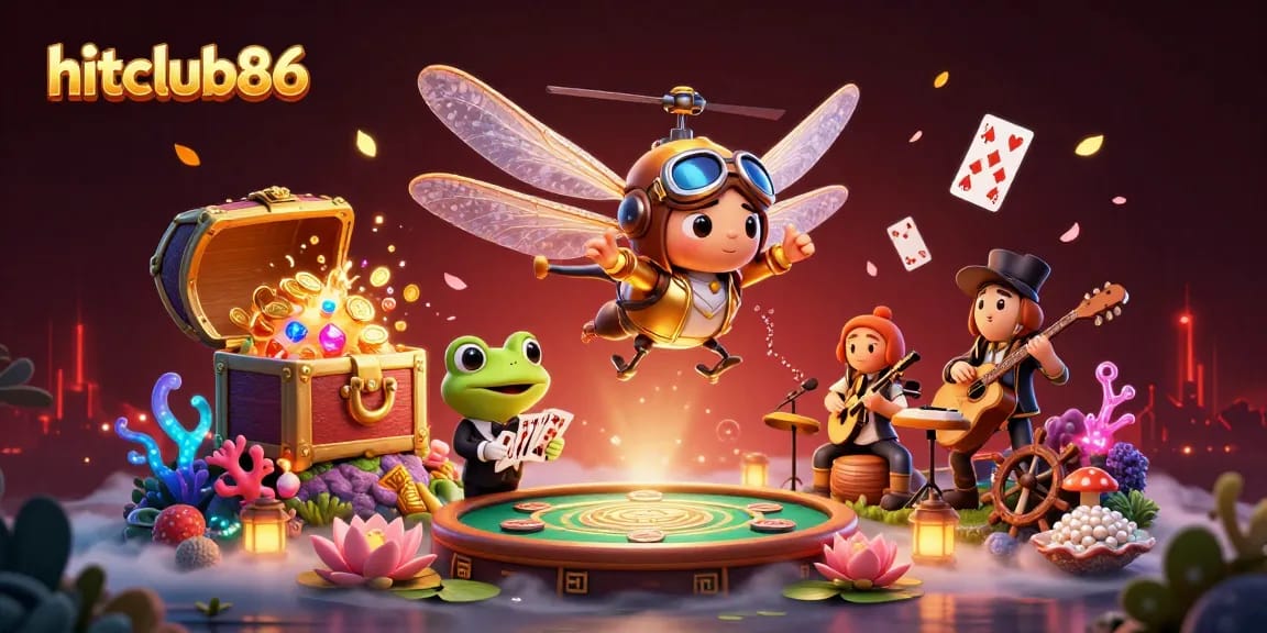 Hitclub86 offers a vibrant casino experience featuring a dragonfly pilot, frog dealer, and jazz musicians in a dynamic underwater scene.