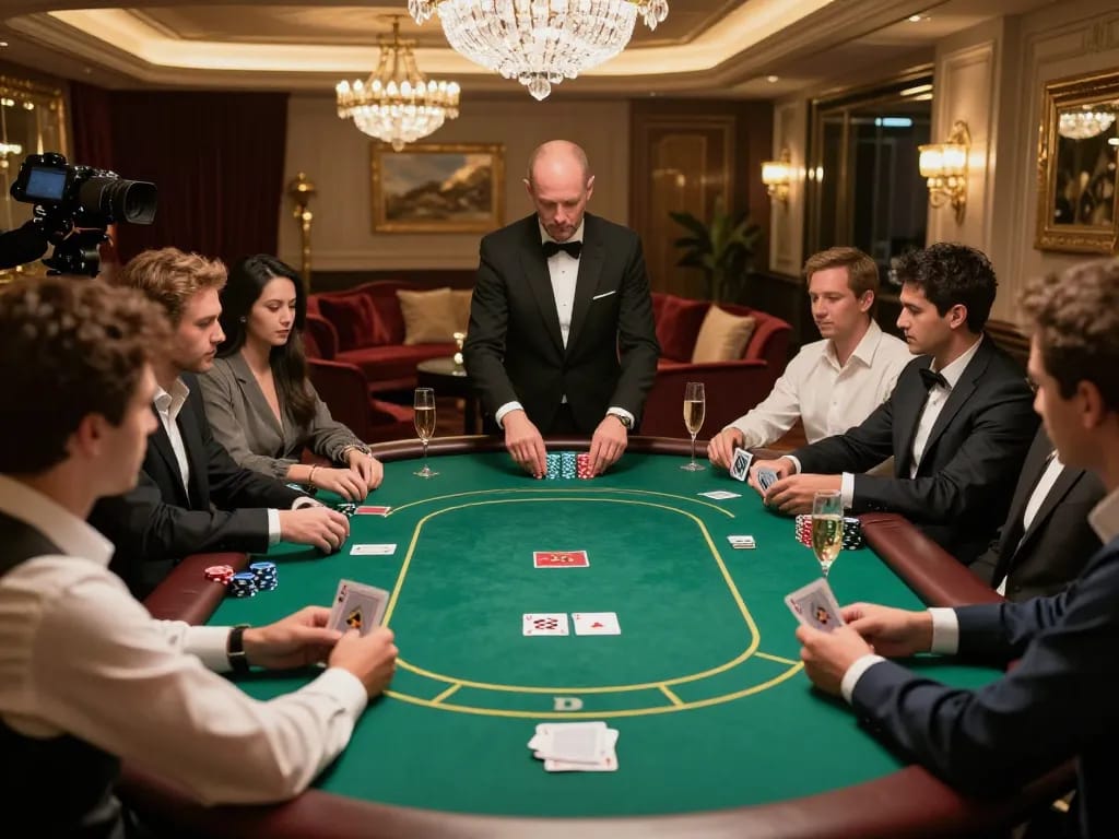 HB88 players enjoying high-stakes poker at a luxurious VIP table with warm ambient lighting