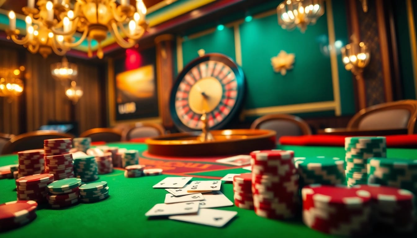 Experience the thrills of uu88 with an elegant casino scene featuring poker chips and roulette.