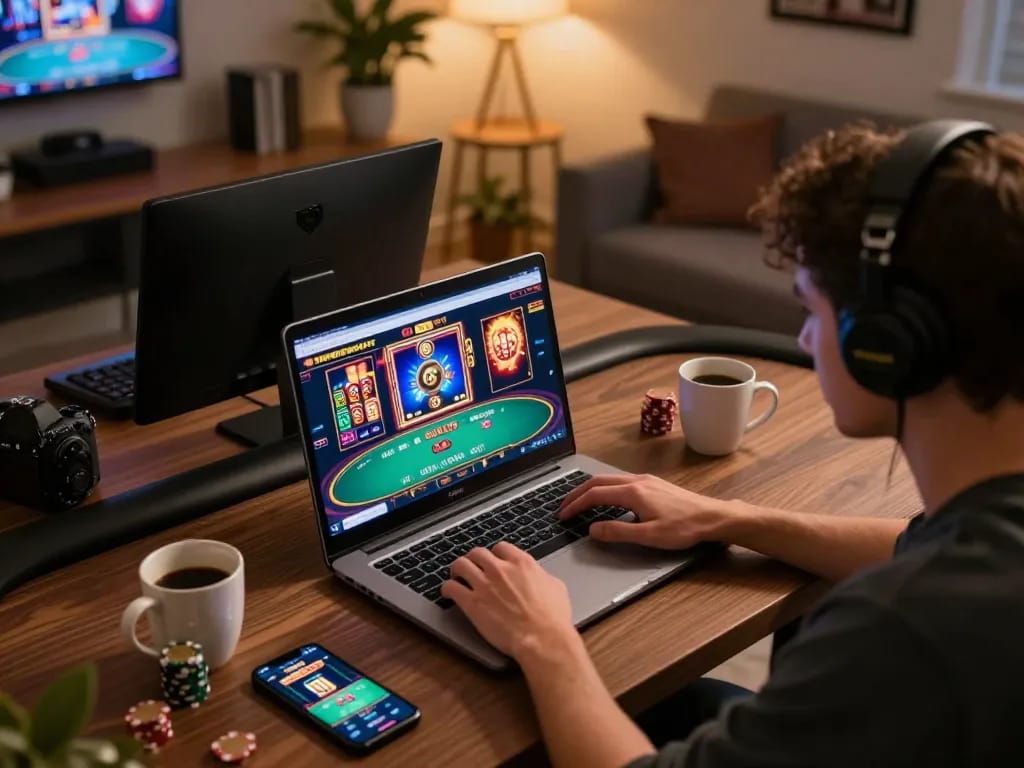 Engaged player using kjctop for online gambling with vibrant games displayed on screen.