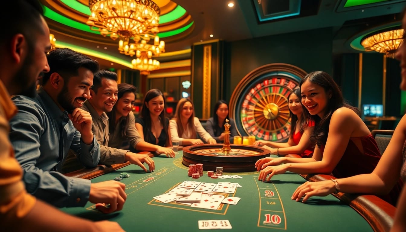 Players celebrating a win at a lively poker table during an X88 tours casino experience.