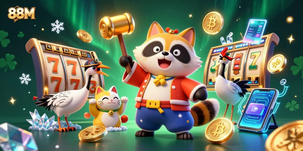 Experience big wins with 88M as cheerful characters greet players in this vibrant casino scene.