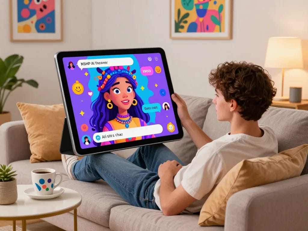 Engaging AI NSFW chat experience in a cozy modern setting with a vibrant character.