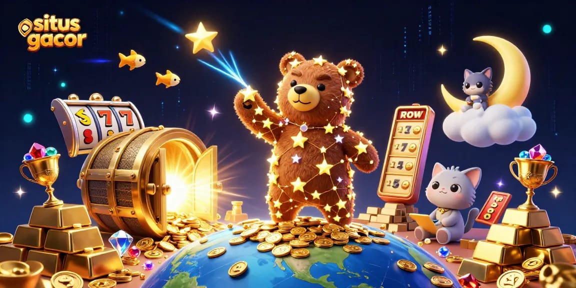 Scoop up coins in this situs gacor themed 3D illustration featuring vibrant characters and dazzling game elements.