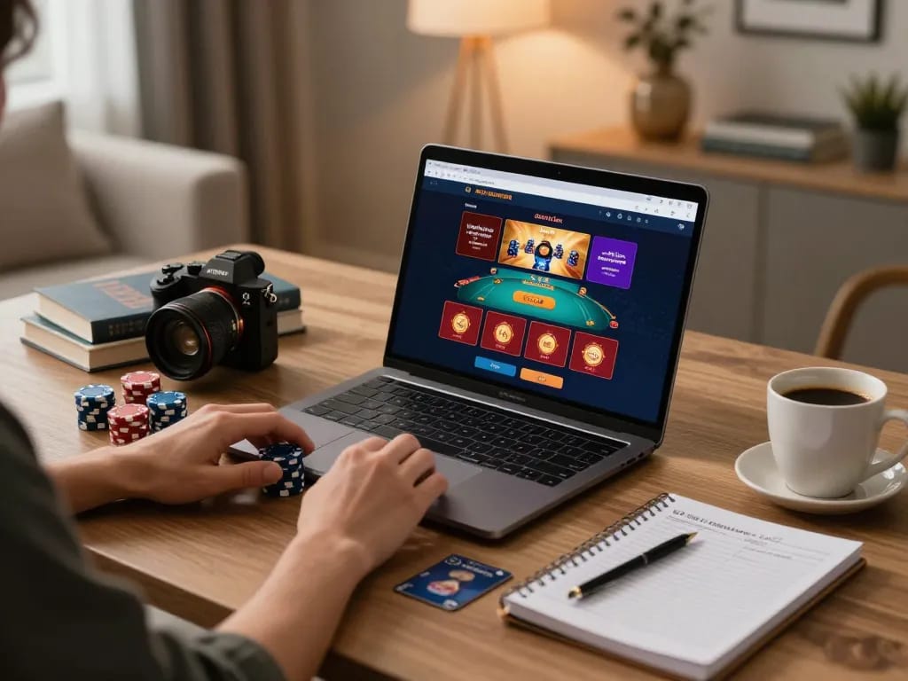 The person engages with the g28 homepage online casino, showcasing poker chips and gaming cards on a laptop amid cozy lighting.