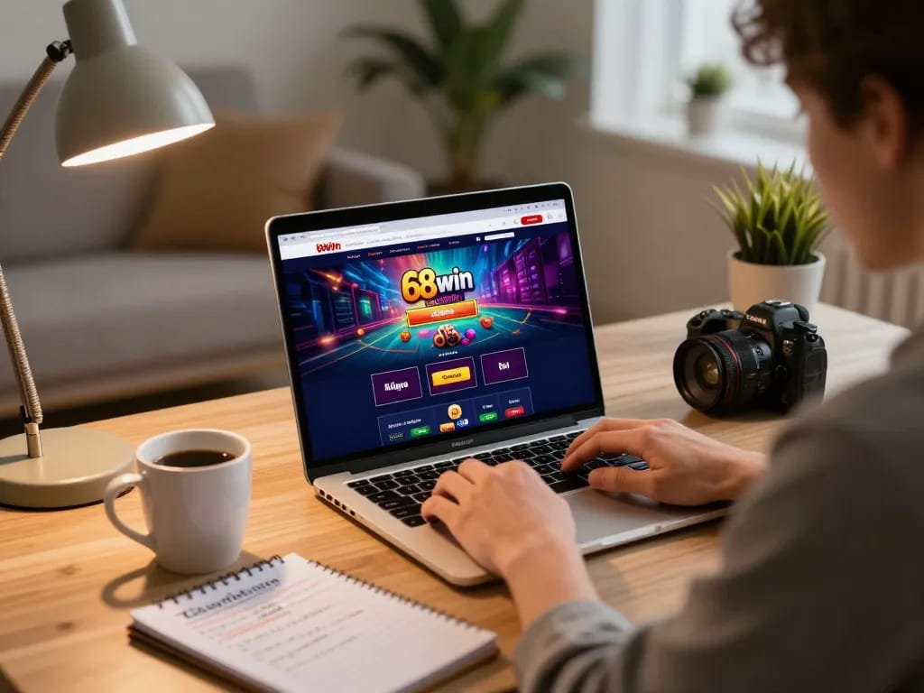 Player engaging with 68win online casino on laptop in a cozy home setting.