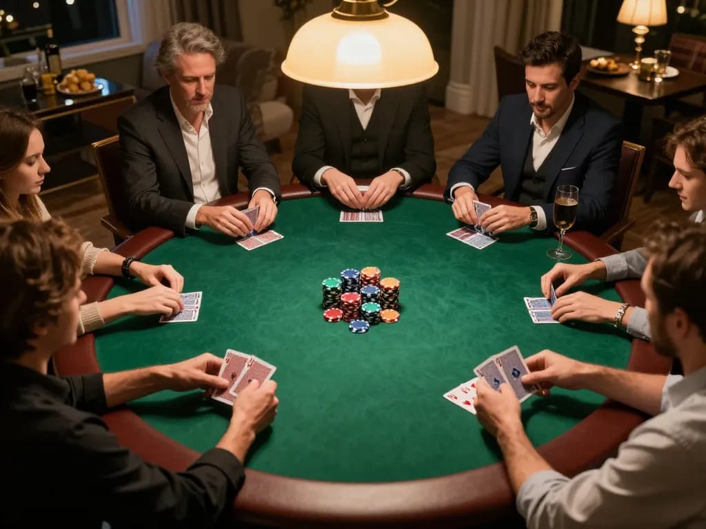 Engaging in a competitive poker game at home while following 7m8 scores and strategies