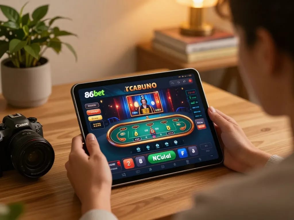Engaged player enjoying 86bet online casino app on a cozy tablet setup, warm home environment.