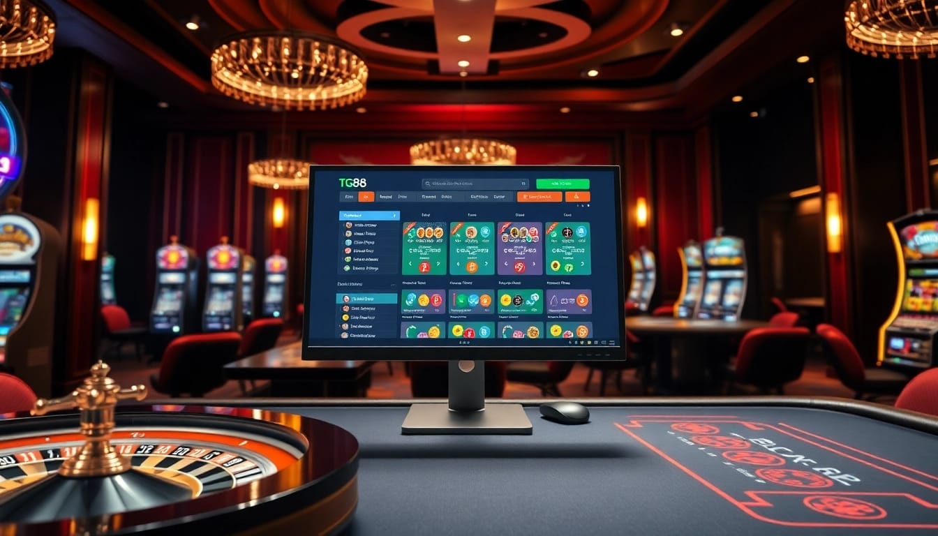 Experience the thrill of tg88 bet with stunning casino visuals, showcasing engaging games and luxurious elements.