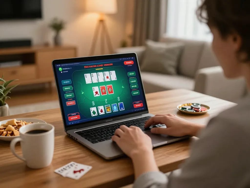 Person playing blackjack at home using a laptop while visiting https://vmax88vip.com/ for online gaming.