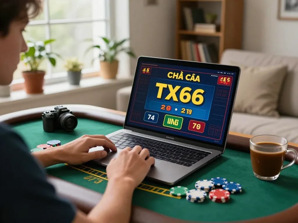 Engaging player focused on nhà cái TX666 during live blackjack at home, emphasizing online gambling strategy.