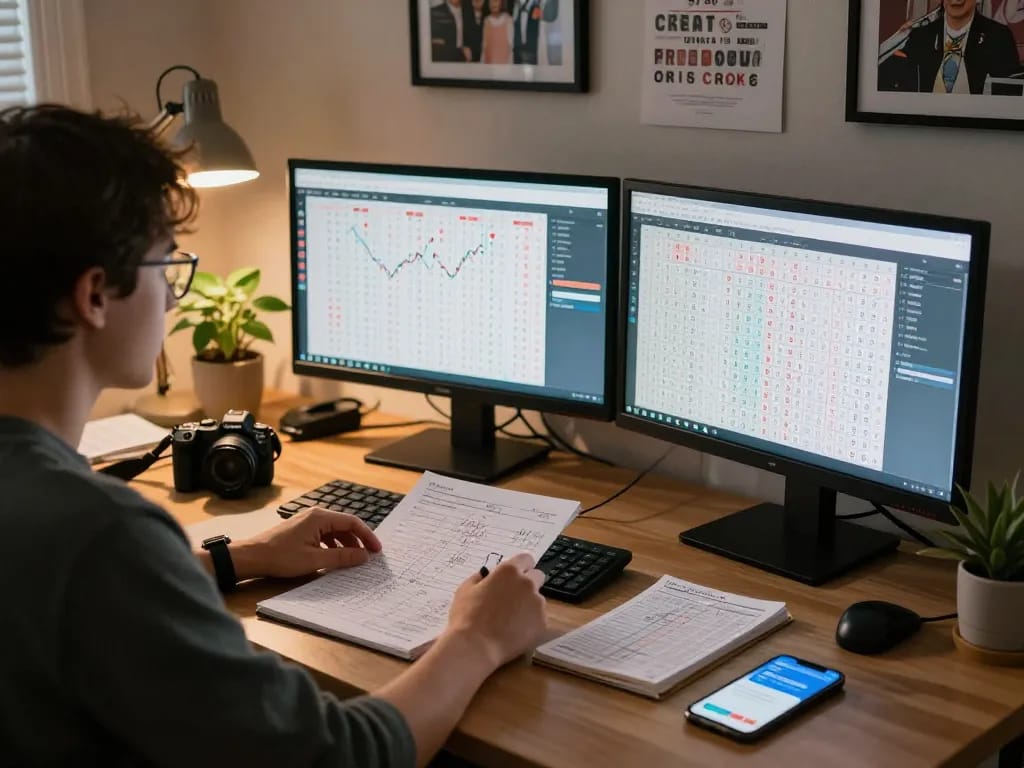 Soi cầu lô đề hôm nay predictions in a cozy home office with charts and lottery tickets.