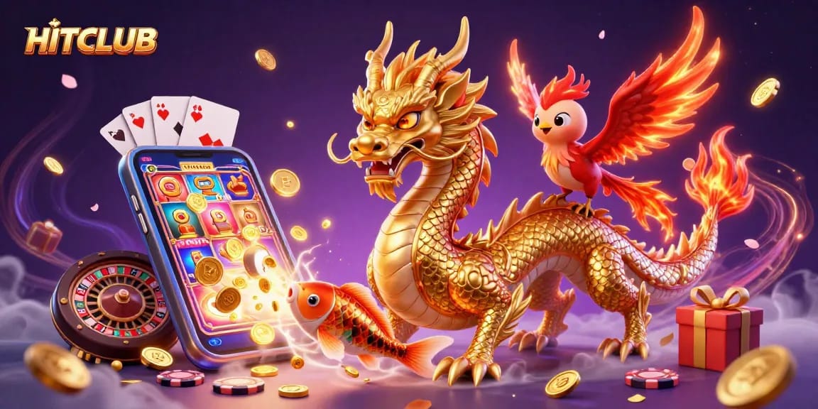 Experience thrill with HITCLUB as golden dragon, phoenix, and koi fish animate a vibrant casino scene.