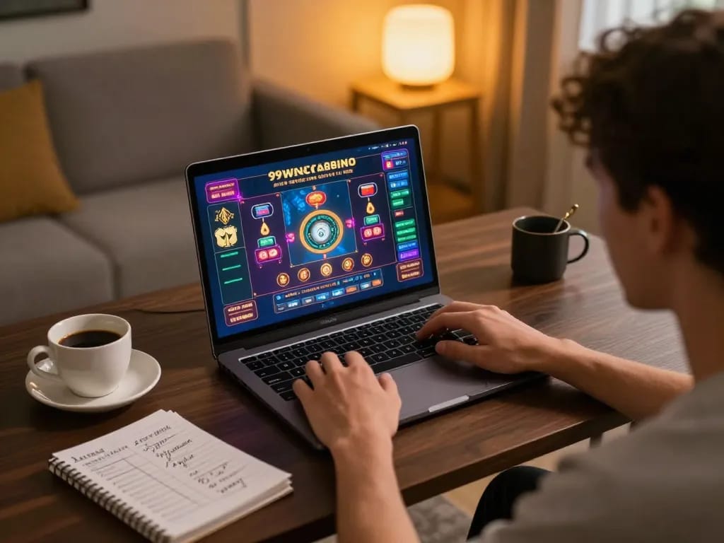 Person playing casino games on 99wincasino with a laptop in a cozy home setup