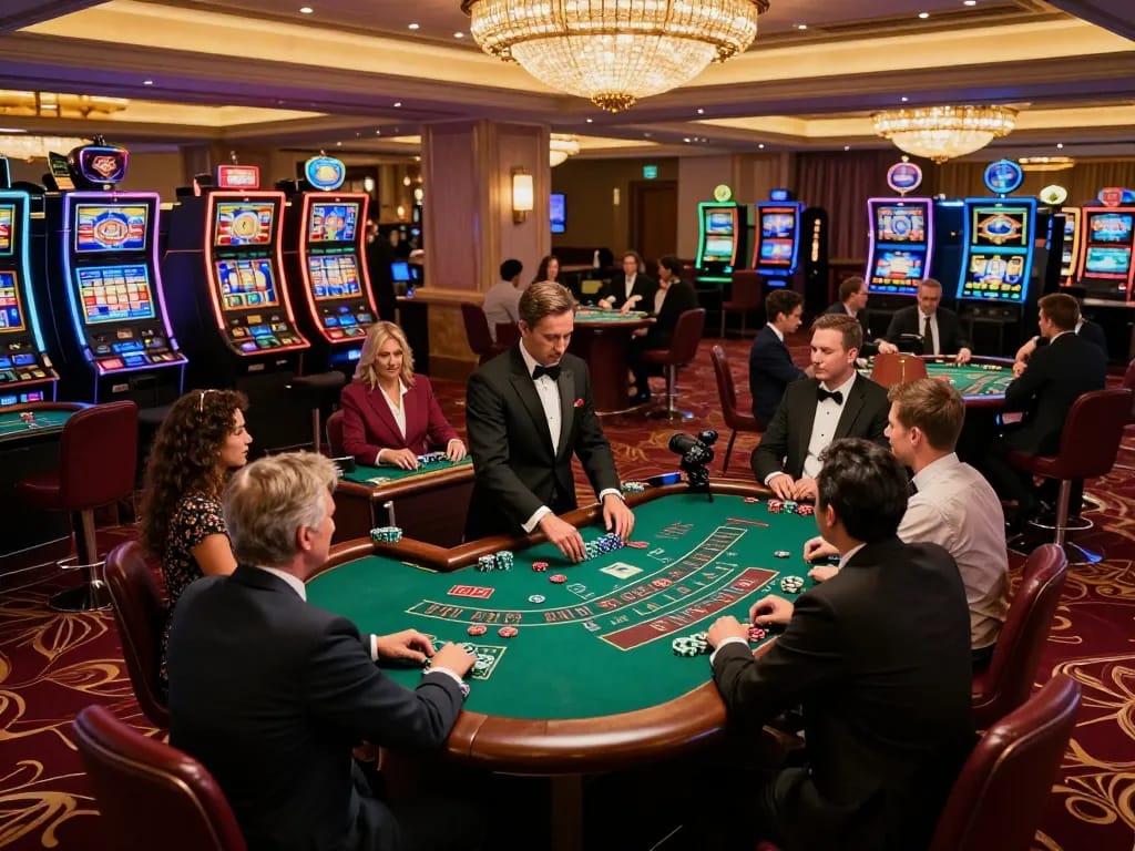 Players engaged in an intense blackjack game at a luxurious casino floor as featured by https://s8inc.com/