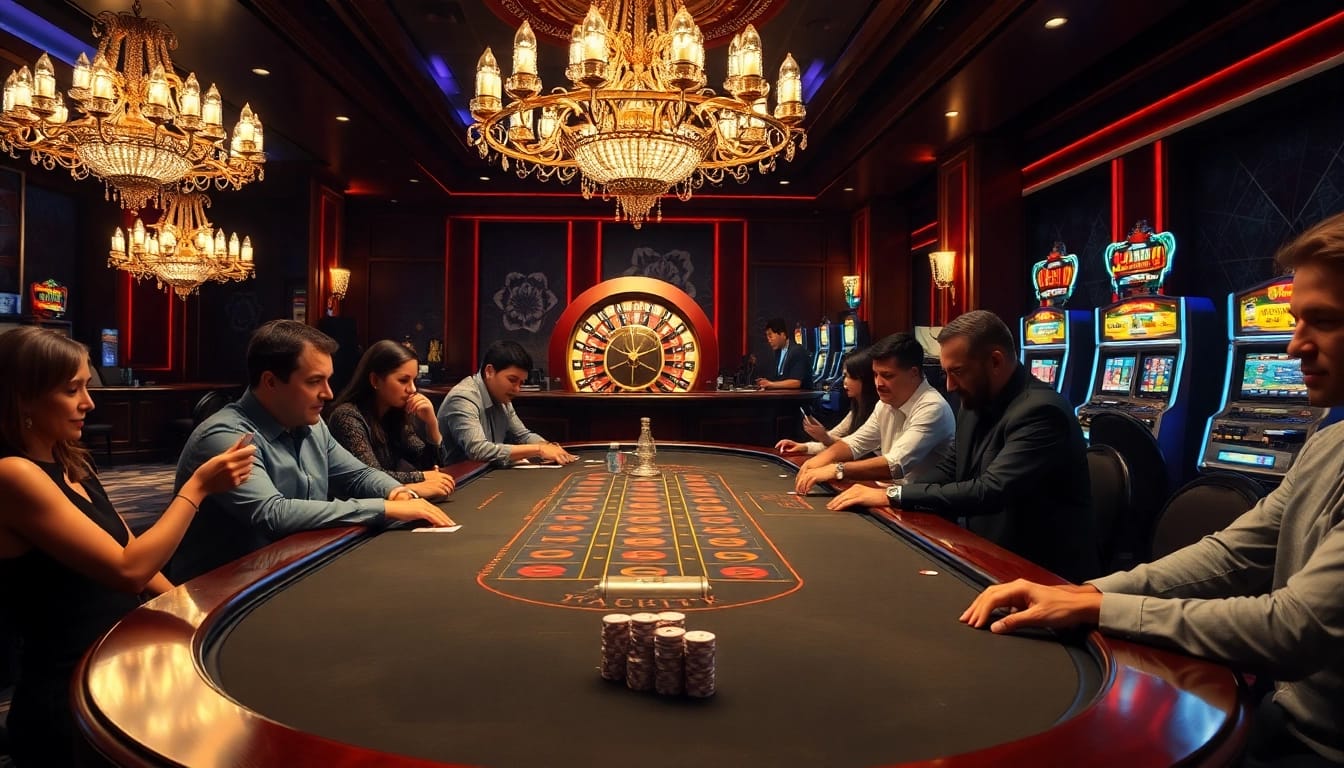 Experience the excitement at the casino for tha bet with players focused on the blackjack table.