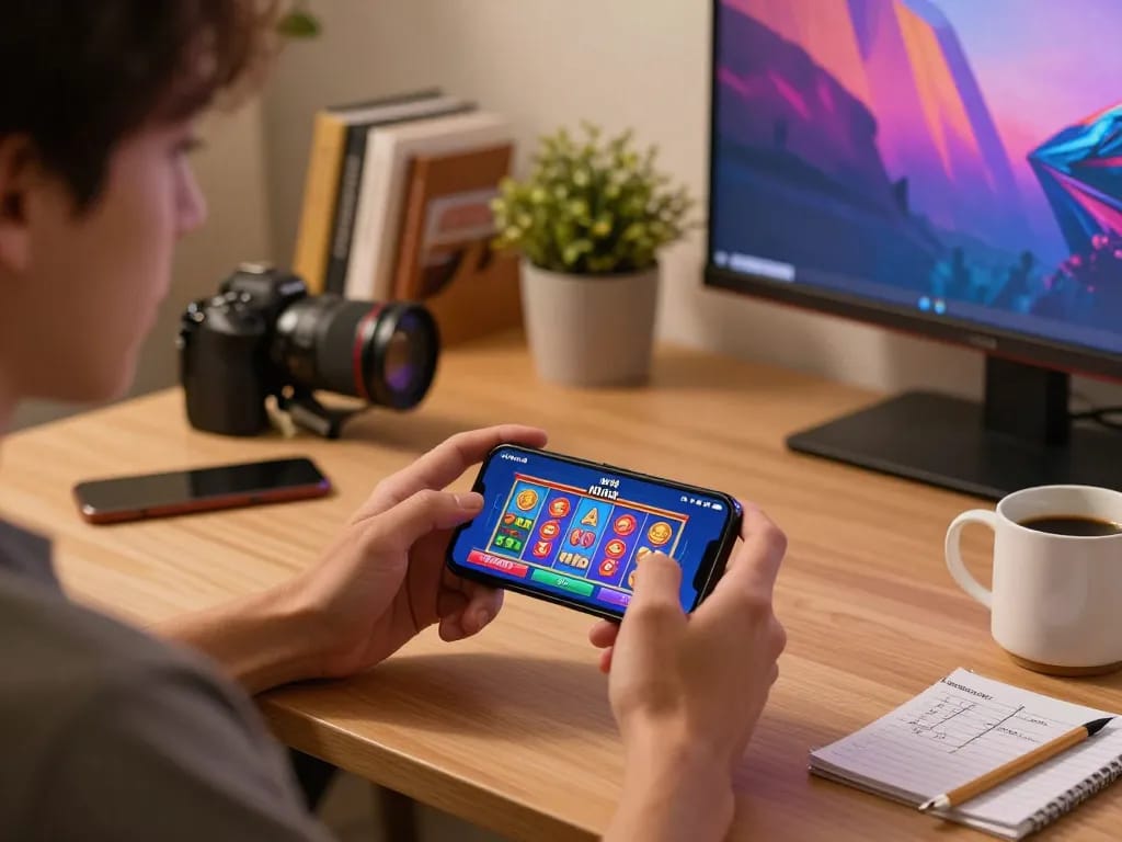 Nổ hũ on smartphone screen displaying exciting slot graphics with vibrant home office setting