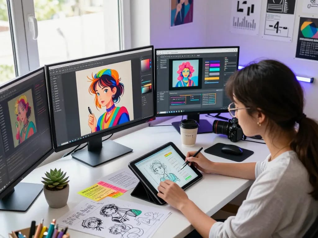Inspirational creative workspace with image prompt generation tools and vibrant digital artwork.