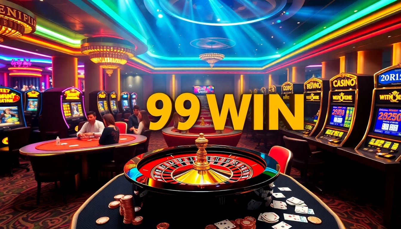 Experience the excitement of a luxurious casino atmosphere featuring 98WIN with roulette, poker tables, and slot machines.
